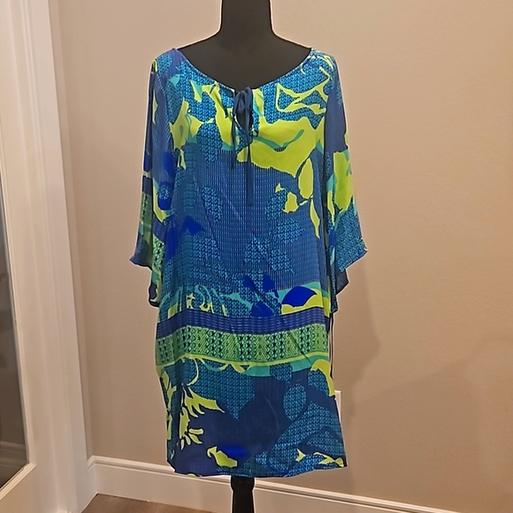 NWT Hale Bob | Blue & Green Print Silk Mid Length Dress with sleeves | La… - Picture 1 of 11